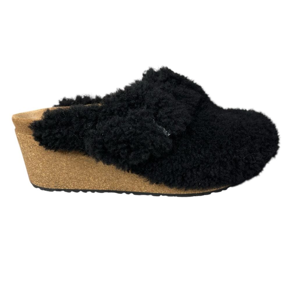 Papillio X Birkenstock Unisex Fanny Teddy Fuzzy Black Wedge Clog Size 39 M 6 W 8